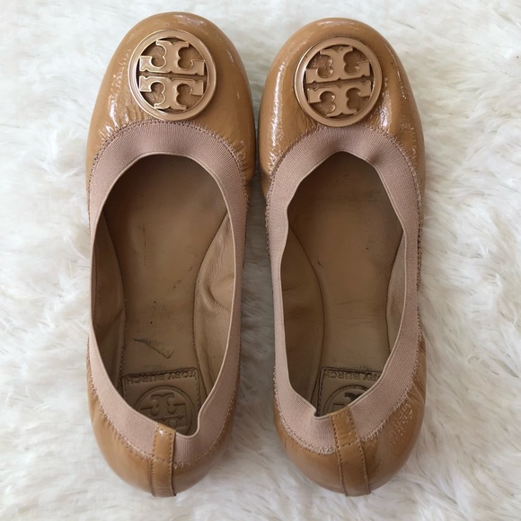 TORY BURCH • Caroline Nude Patent Leather Ballet Flats Stretch Size 5.5 - Picture 14 of 16